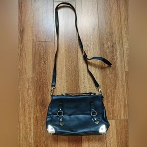 Black faux leader messenger bag